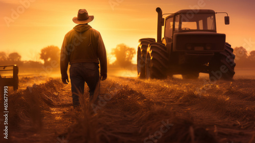 close up back of farmer looking at machine car working in farm gold sunrise.generative ai © LomaPari2021