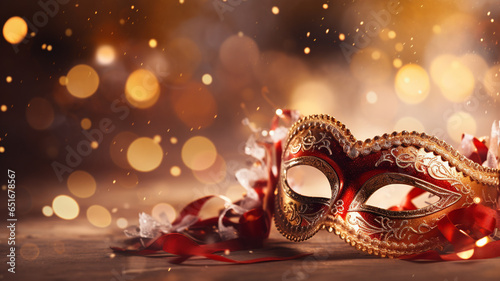 carnival mask with golden feathers on bokeh background