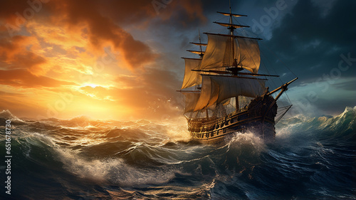 sailing ship at a beautiful sunset during a storm © Daniel