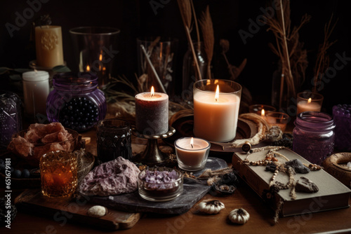 Crystals and sage amidst candles and glass on a wooden table in cozy space