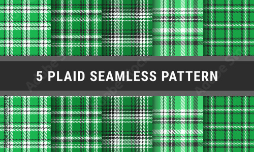 Set Tartan Plaid Seamless Pattern In Green Black White. Checkered Fabric Texture
