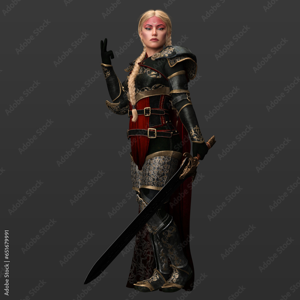 3D Rendering Illustration of Gorgeous Feisty Warrior Woman Wearing Black and Gold Armour in Fighting Powerful Stance Isolated on Dark Background