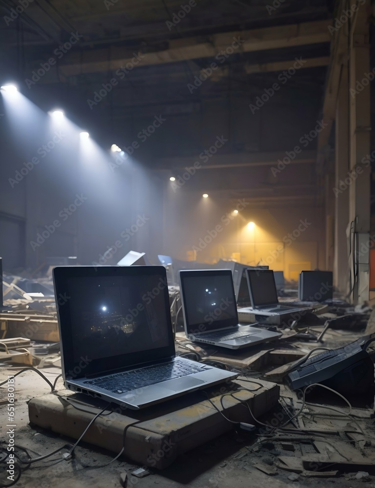 computer and laptop on abandoned construction site illustration