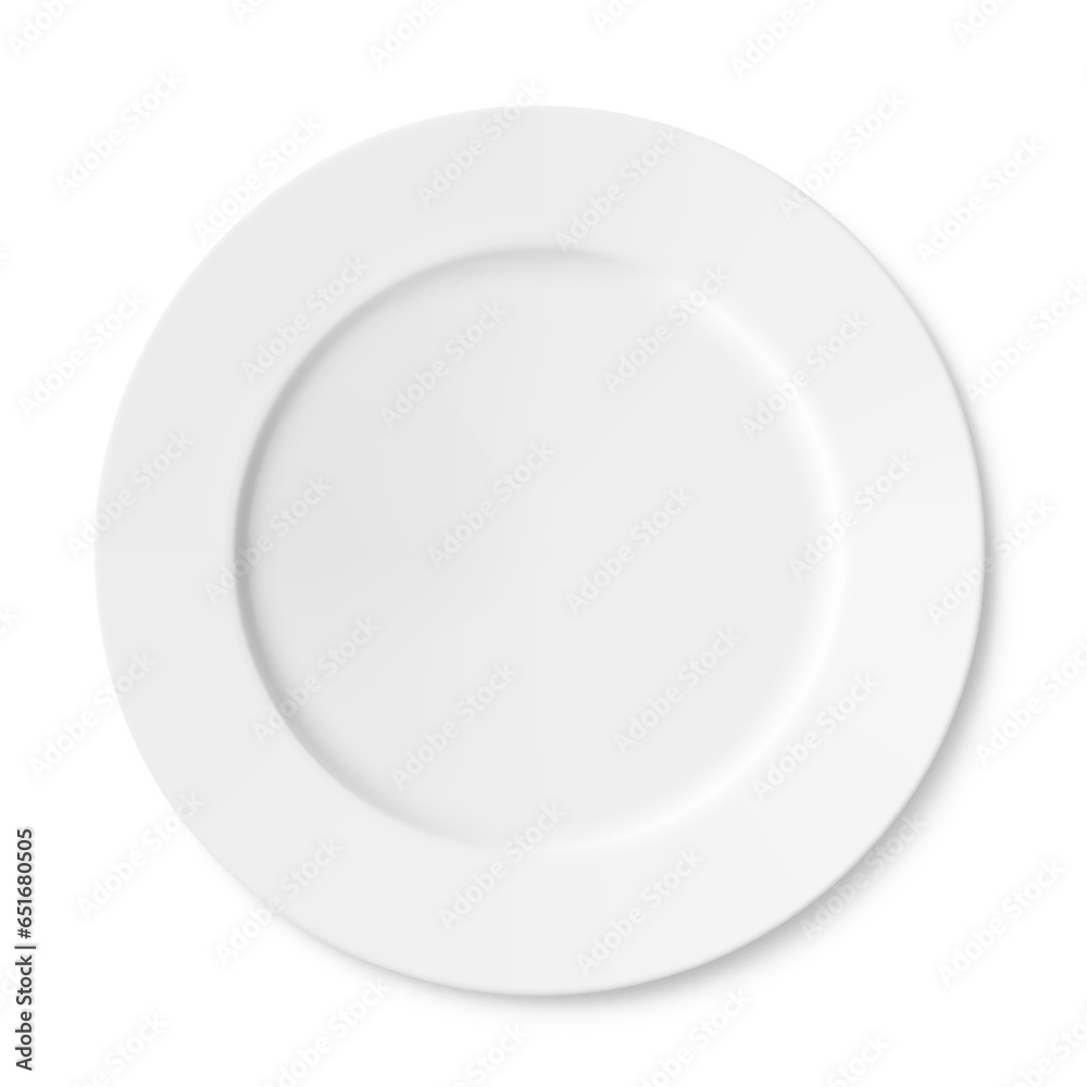 Classic white ceramic or glass plate, isolated on a white background. Top view. White kitchen utensils for eating, Illustration for your projects. Realistic 3D vector illustration Classic white ceramic or glass plate, isolated on a white background. Top view. White kitchen utensils for eating, Illustration for your projects. Realistic 3D vector illustration