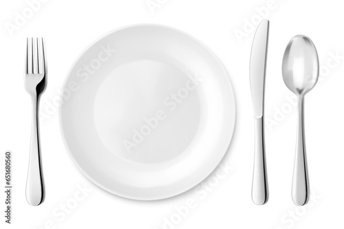 Classic white ceramic or glass plate with knife,spoon and fork. Empty plate with stainless steel metal cutlery isolated on white background, clipping path, top view. Realistic 3d vector illustration