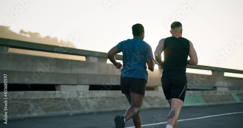 Wallpaper Mural Friends, running and workout with diversity, training and communication with sportswear in marathon. Motivation, fitness and teamwork, commitment and practice with city background in race challenge Torontodigital.ca