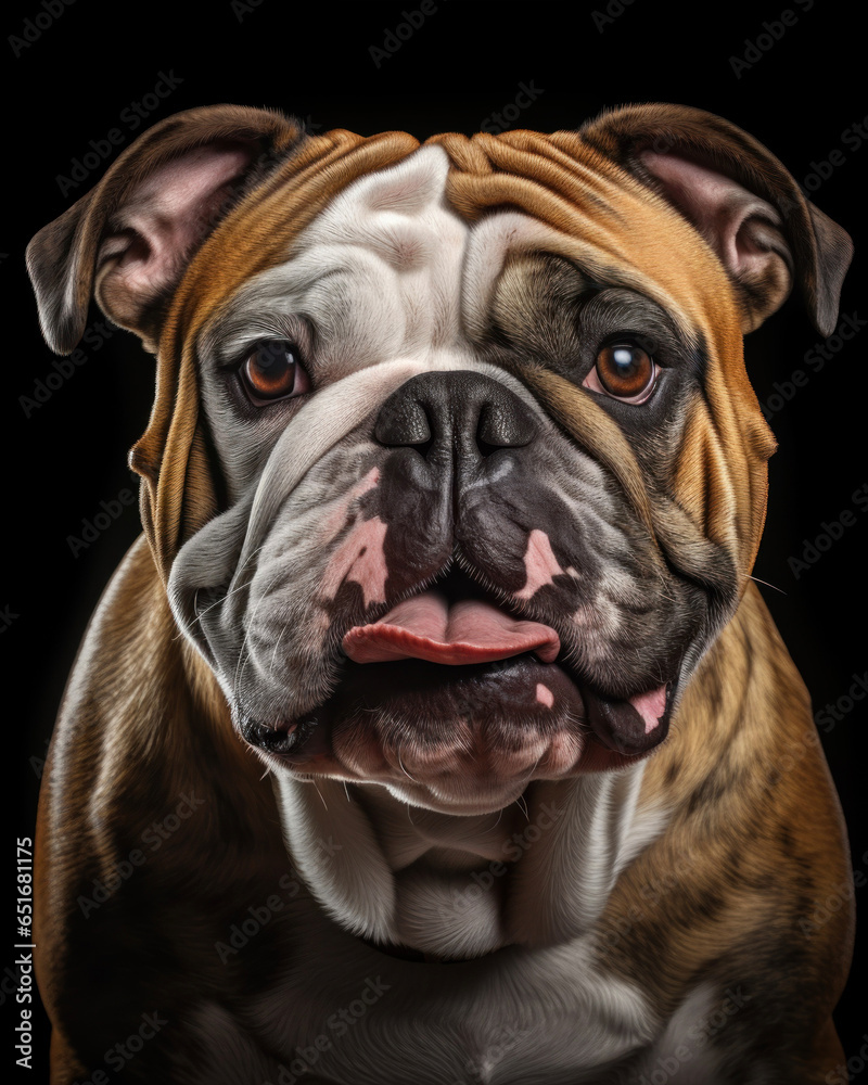 Touching sad spotted bulldog on a black background