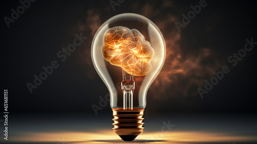 light lamp and human brain on dark background, idea innovation
