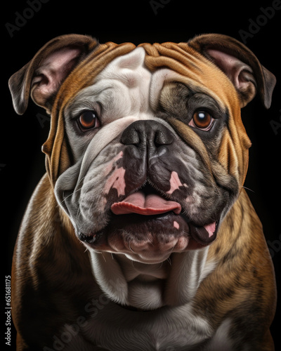 Touching sad spotted bulldog on a black background