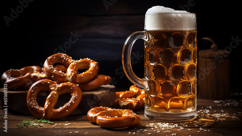 beer with pretzels on the table