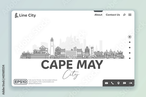 Cape May, New Jersey USA architecture line skyline illustration. Linear vector cityscape with famous landmarks, city sights, design icons. Landscape with editable strokes.
