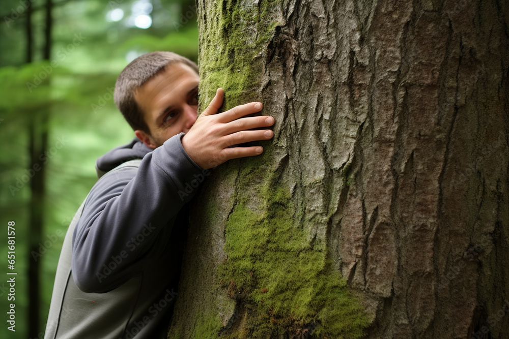 A scene of a person affectionately hugging a large tree in the middle ...