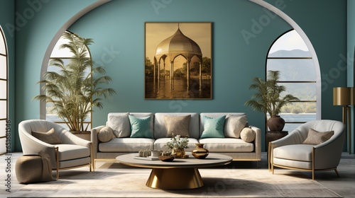 Home design with a brass coffee table and a white armchair in a modern living room with an empty wall and a turquoise arch