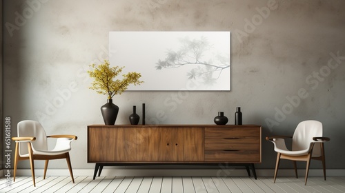 Home design with a contemporary room with a dresser, sideboard, and an empty frame over a beige wall, featuring a mock-up poster