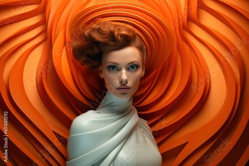 Futurism. Red-haired, blue-eyed, white-skinned girl model in art deco style. White dress, orange background. Avant-garde couture style. High-fashion. Poster, cover, magazine, banner, advertising