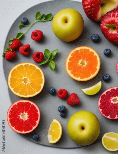 Beautiful and delicious tray full of fresh and healthy fruits. Full colour. Health & Wellness.