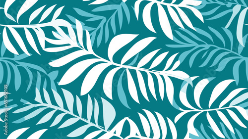 Blue green abstract background with tropical palm leaves in Matisse style. Vector seamless pattern with Scandinavian cut out elements.