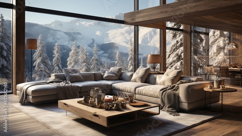 In a chalet with a minimalist home interior design there's a corner sofa in a room with wooden lining paneling walls and a ceiling, offering panoramic views of a great winter snow mountain landscape © Newton