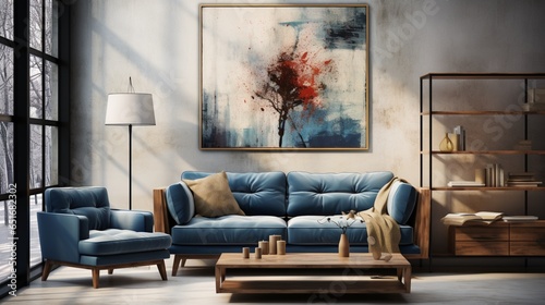 In a loft-style home interior design of a modern living room, you'll find a blue and beige loveseat sofa near a window against a concrete wall adorned with an art poster