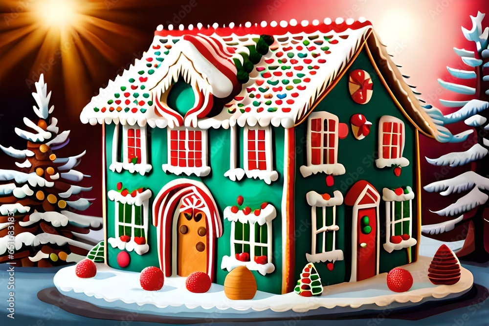 A close-up of a gingerbread house covered in colorful icing and candy decorations for chrismis  celebration.
