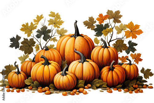 Watercolor pumpkin and autumn leaves Clip art for wallpaper and t-shirt. Pastel oil painting illustration isolated on transparent background. The concept of Thanksgiving or Halloween