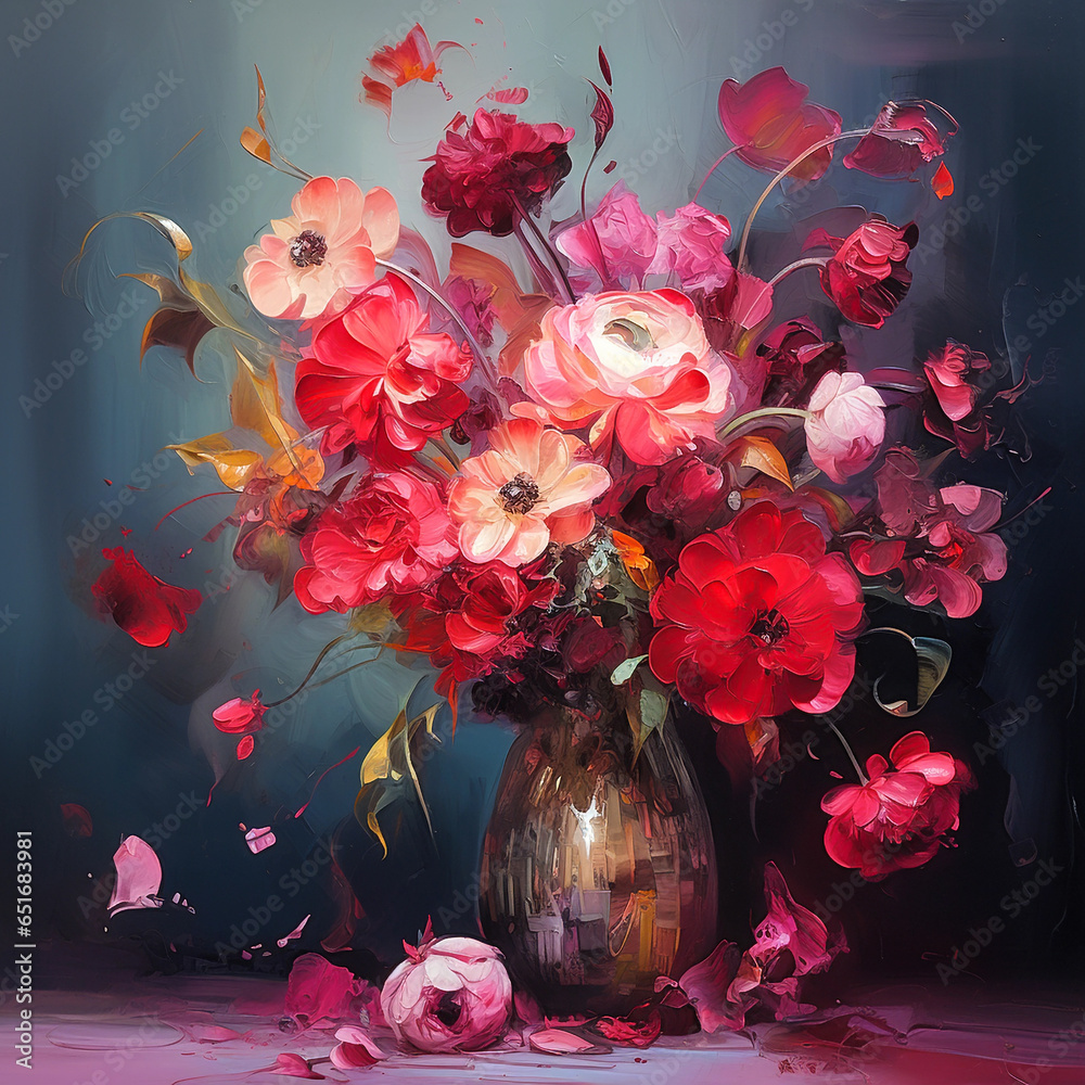 Bouquet of red and pink semi abstract luxurious flowers in a vase on ...