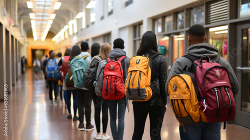 A snapshot of students eagerly carrying colorful backpacks ready to embark on a new academic year