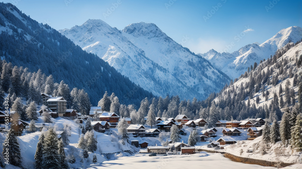 A serene snow-covered village nestled among pine-clad mountains, exuding a quiet winter charm