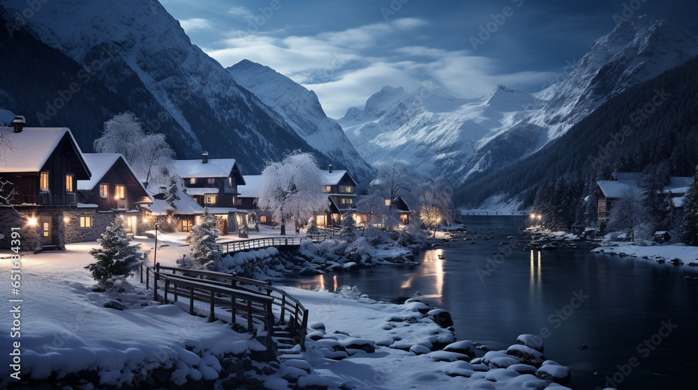 A serene snow-covered village bathed in moonlight.