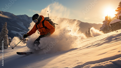 Skiers carving through powder on a mountainside, leaving trails of excitement in their wake.