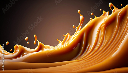 Delicious melted caramel texture. Flow, wave and drops splash caramels sauce. Sweet food design background.