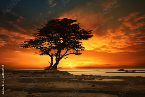 A solitary black cypress three standing tall against a golden sunset sky created with Generative Ai