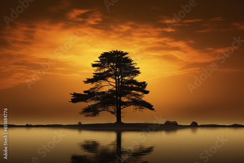 A solitary black cypress three standing tall against a golden sunset sky created with Generative Ai