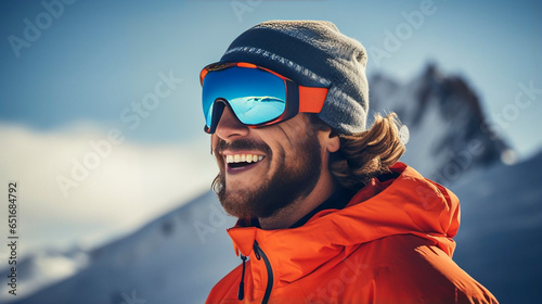 stockphoto, photography of happy man wear sunglasses spending weekend at ski resort winter holiday concept. Winter sports © Dirk