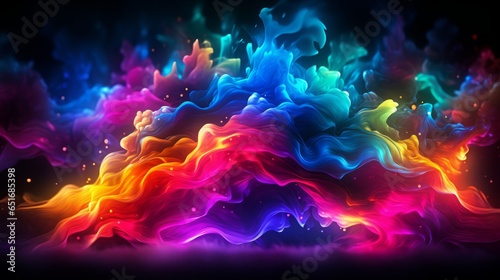 Abstract colors swirl on a dark canvas, harmoniously blending into an ethereal spectacle of radiant hues.Generative AI
