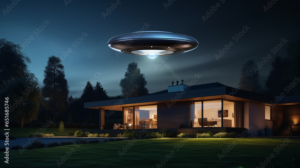 A UFO flying outside a modern house at night created with Generative Ai A UFO flying outside a modern house at night created with Generative Ai