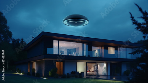 A UFO flying outside a modern house at night created with Generative Ai