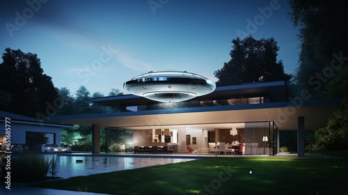 A UFO flying outside a modern house at night created with Generative Ai