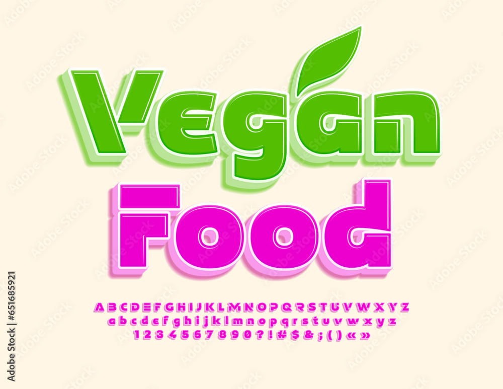Vector eco concept Vegan Food. Modern Bright Font. Creative 3D Alphabet