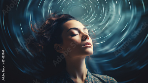 In a hazy photo, a woman grapples with vertigo, dizziness, or a brain or inner ear ailment. photo