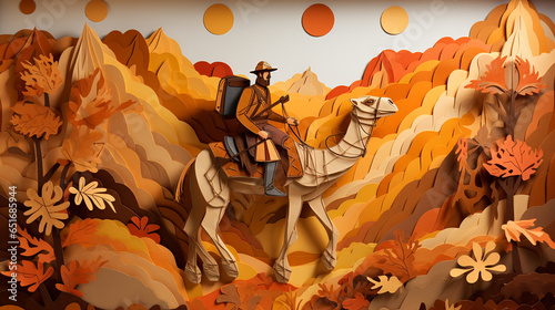 Explorer with hat and backpack in safari clothes rides a camel in the middle of a hilly autumn landscape, in the style of paper cut shapes and layered paper photo