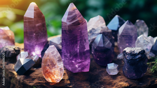 In a forest, impressive mineral formations create a mystical backdrop. Use fluorite quartz gemstones for healing rituals..
