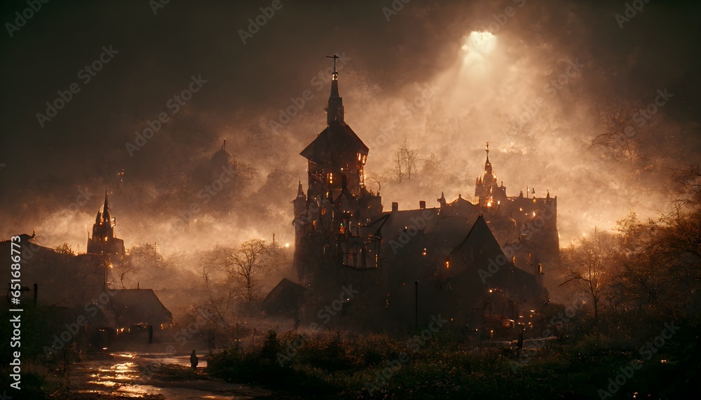 Dark Fantasy themed small medieval Town cinematic lighting highly detailed architecture 8k octane render 
