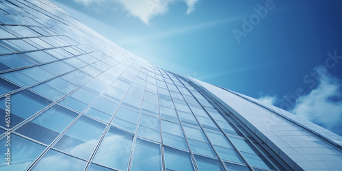 Gazing upward at a modern skyscraper with curved glass windows, embodying futuristic design.