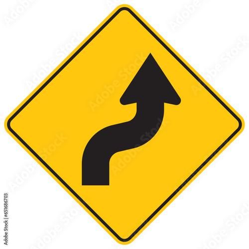 curva y contracurva pronunciada primera a la derecha, icono, vector, símbolo, silueta, ilustración, señal de prevención, señal color amarillo, pictograma, rombo, preventivo, señales, imagen, indicar, 
