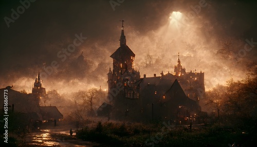 Dark Fantasy themed small medieval Town cinematic lighting highly detailed architecture 8k octane render 