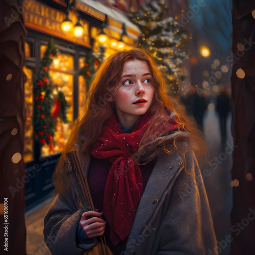 Detailing oil painting of christmas street young woman  photo