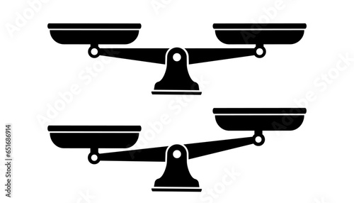 Scales icon. Libra icon. Set of different scales. Bowls of scales in balance, an imbalance of scales. Scales black vector icon. Justice Vector illustration