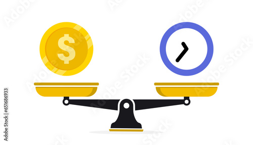 Time is money. Money and time balance on scales. Clock and money coin on scales. The concept of weighing time and money to find a balance. Vector illustration in flat style. Money bag icon
