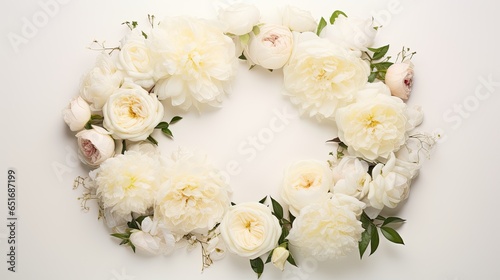 Arrange white roses and peonies in a semi-circular fashion on a pale ivory background. Ensure to leave the center untouched for negative copy space. Wedding, menu card, celebration, event. 